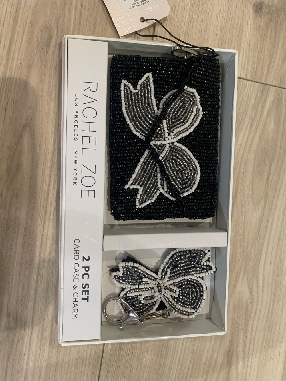 Rachel Zoe Black and White Beaded Card Case with bow Charm Set